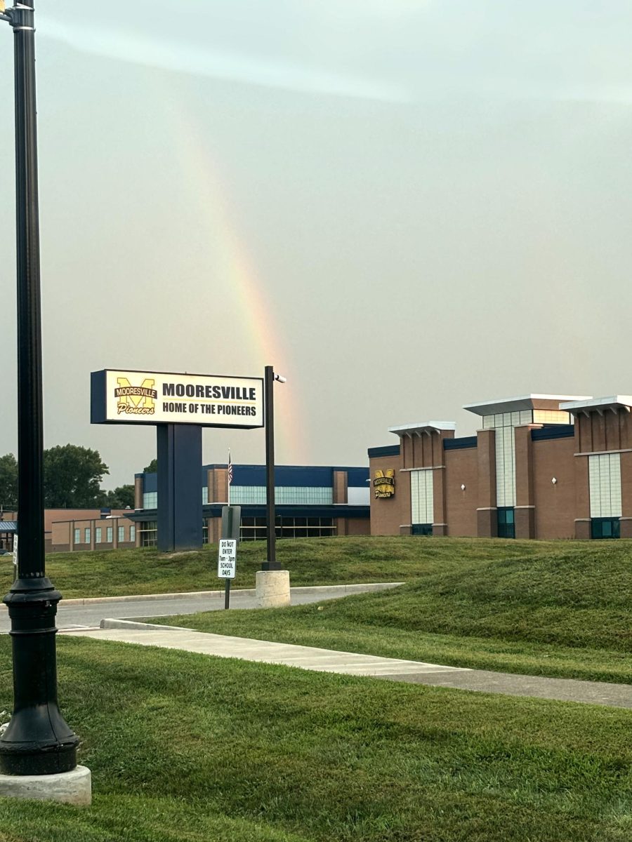 A rainbow hangs in the sky over MHS on a crisp August morning.