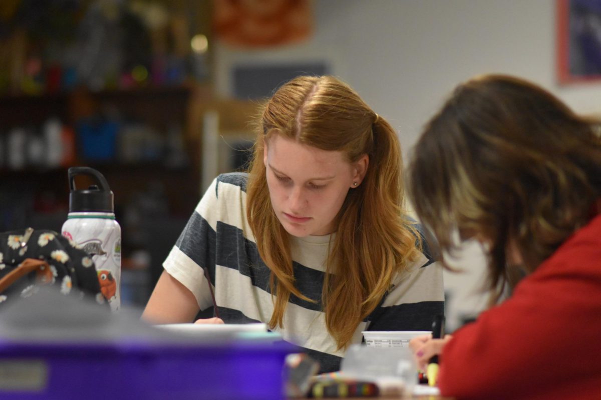 Senior Tess Sherratt listens as she works quietly on her project. The other students in her class had been talking about the upcoming football game. “I love Mrs. Avery and I like how you drive yourself and can pick your project,” Sherratt said. 